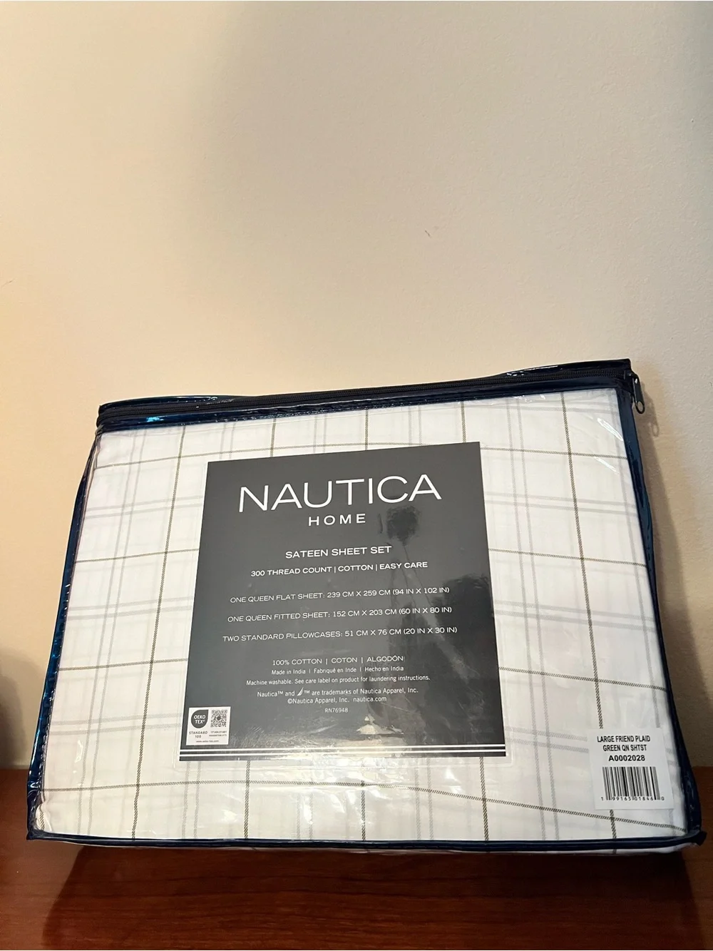 Nautica Brown & Grey Plaid 100% Cotton Sateen 300 Thread Count QUEEN Sheet Set